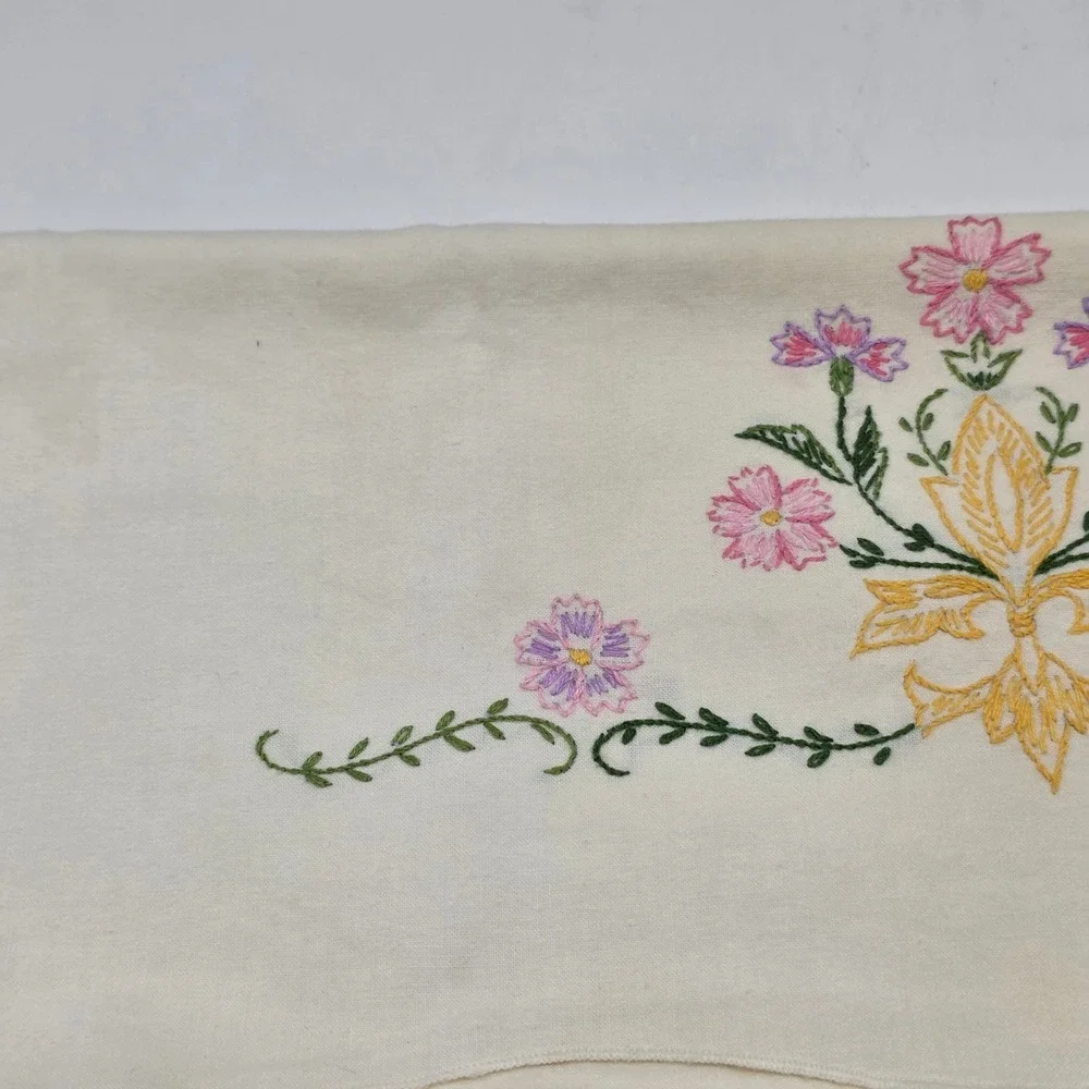 Vintage Pillowcase 90s Hand Embroidered Cream Floral Pink Purple Cottagecore Bed